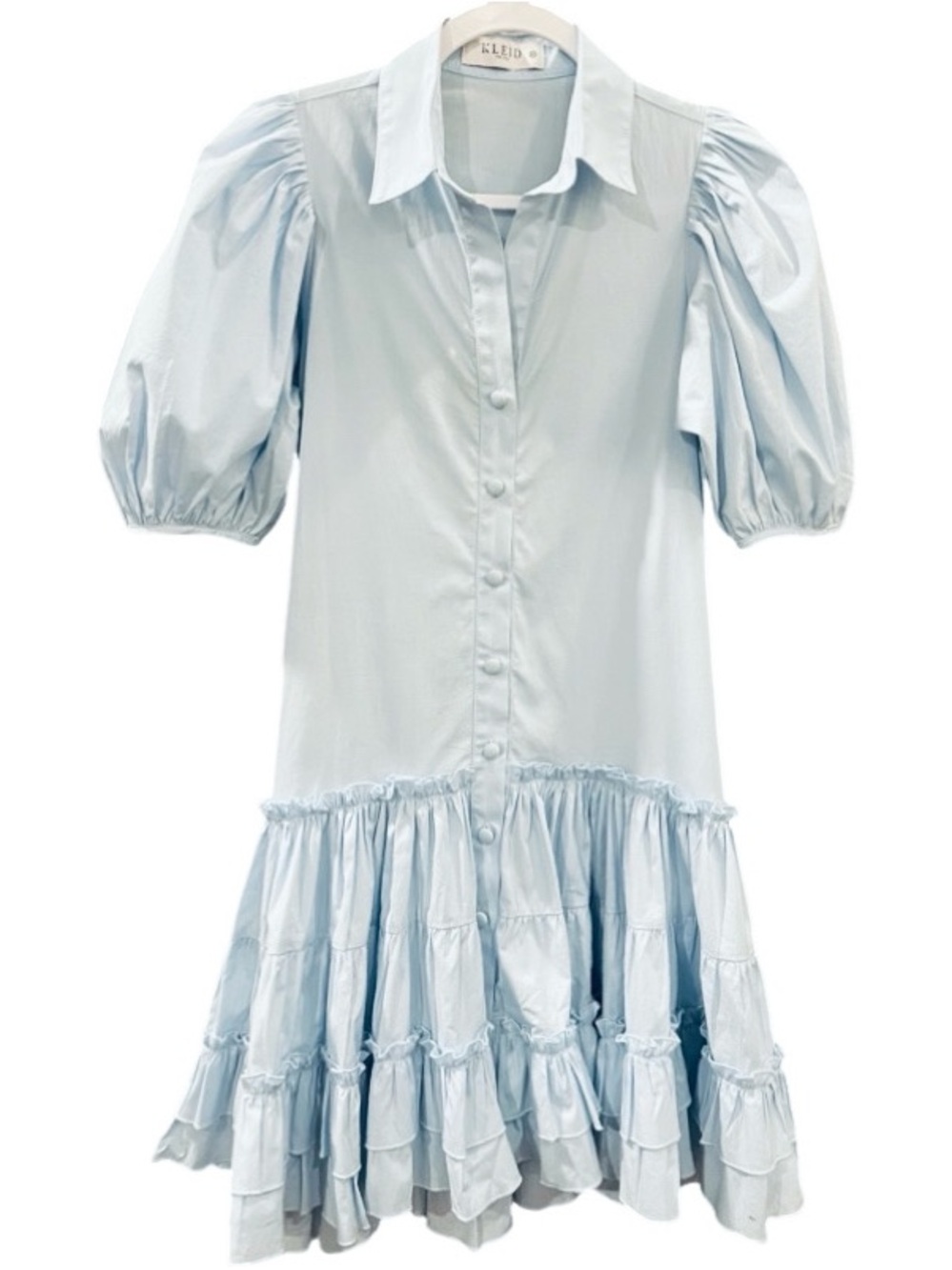 Kleid Light Blue Puff-Sleeve Tiered Ruffle Dress
